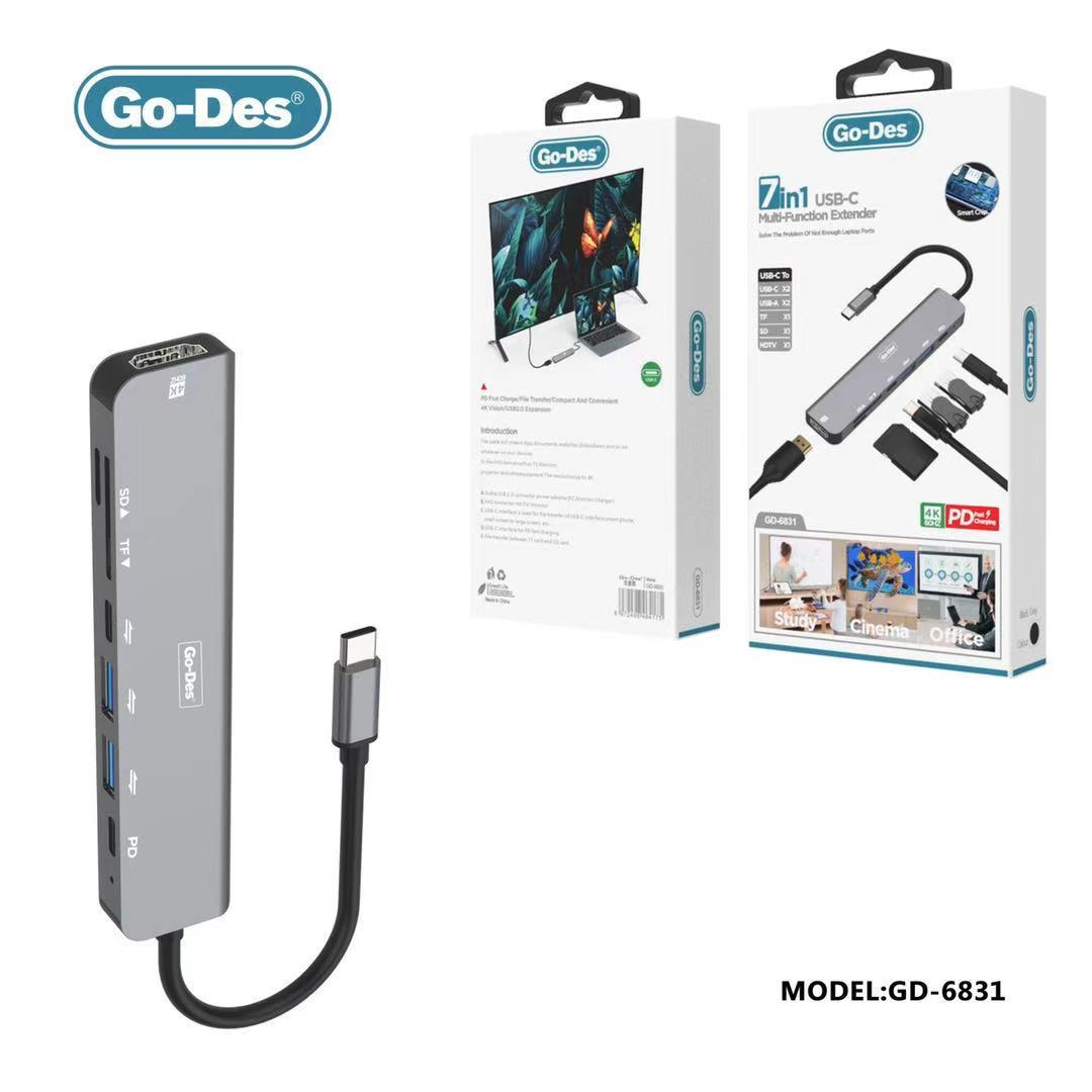 Go-Des 7 in 1 USB Type C to Adapter Hub with 4K HDMI,TF/ SD Card