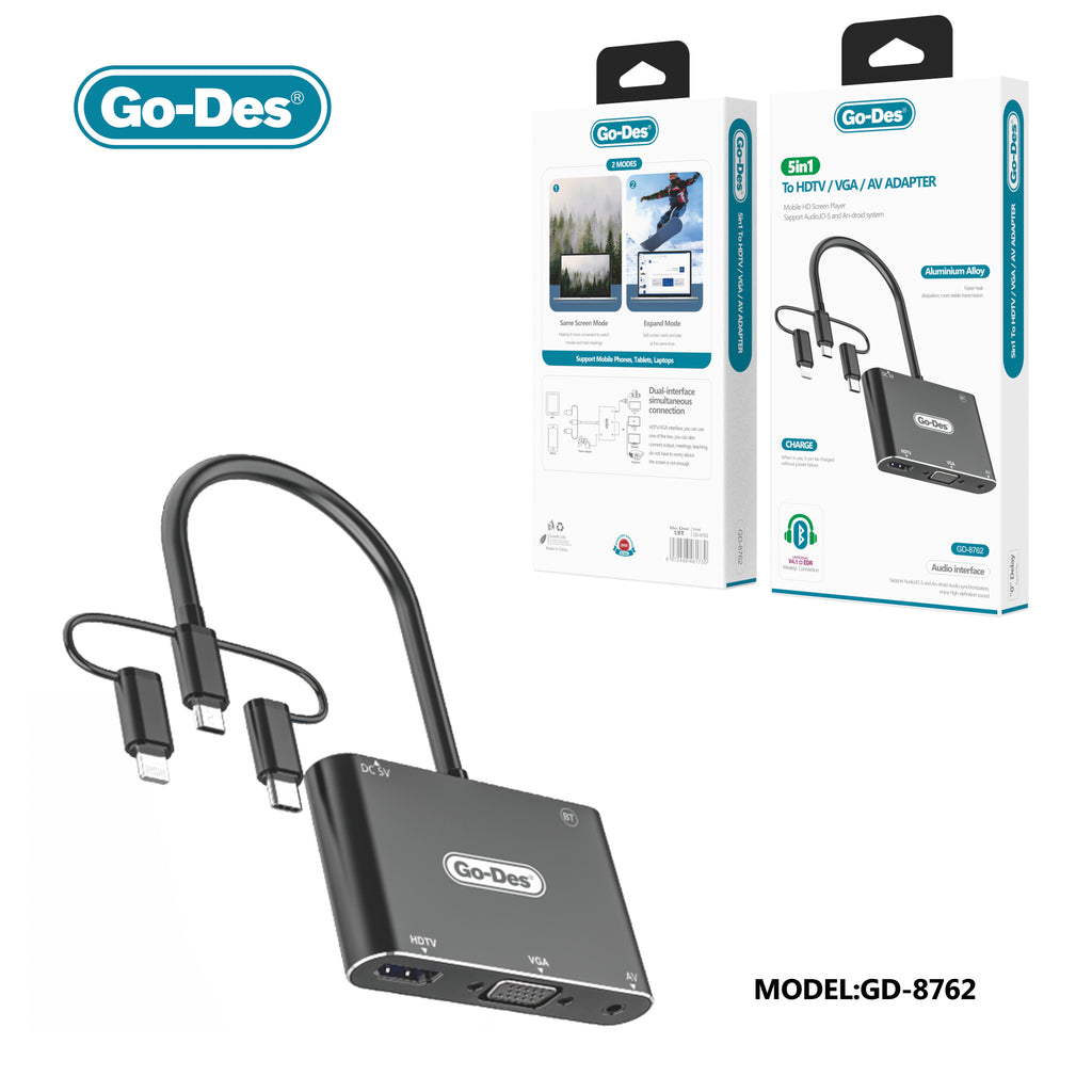 Go-Des 5-in-1 Mobile HD Screen Player USB-C Lightning Micro USB to HDTV VGA AV Adapter with Wireless Bluetooth Connection and 2K Ultra HD Output