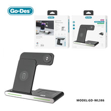Cargar imagen en el visor de la galería, Go-Des 3in1 Foldable Wireless Charging Stand 15W Fast Charging Dock for Phone Watch Headphones with Light Switch and Safety Protection