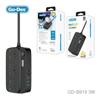 Go-Des UK شريط طاقة بمنفذ USB مع مقبس ثلاثي ومنافذ USB 3 و2PD، مقبس طاقة بسلك تمديد سميك بطول 3M وواقٍ للقابس