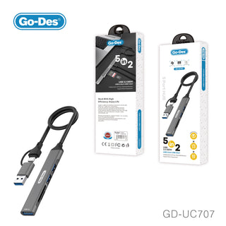 Go-Des Universal محور USB 3.0 عالي السرعة 7 في 2 بسعة 7 منافذ، محور USB 2.0، وصلة Type-C، محول، محطة إرساء للابتوب والكمبيوتر الشخصي