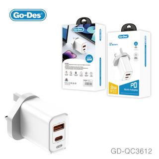Go-Des 38W PD + QC 3.0 Dual-Port Fast Travel Charger USB-C USB-A Wall Adapter with Smart Protection