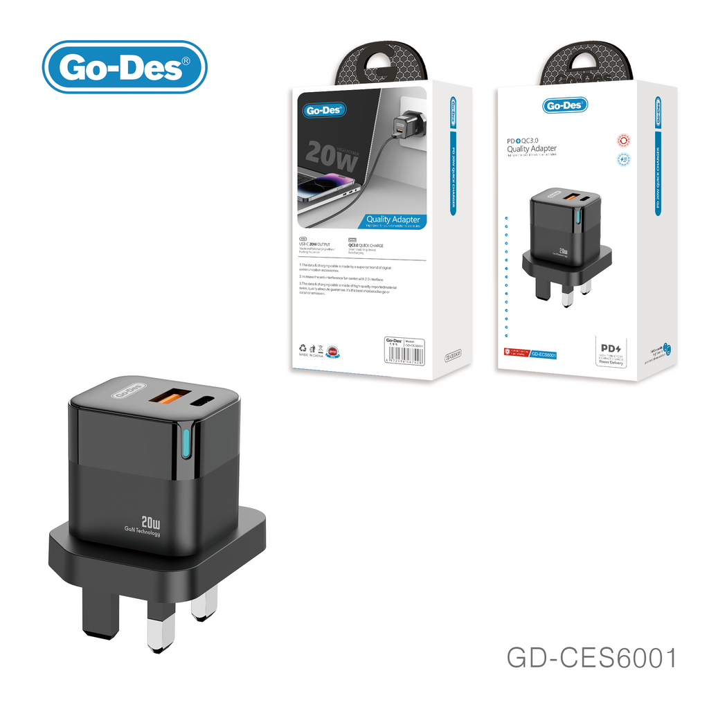 Go-Des 20W 3 Pin Dual Port PD QC Fast Charger LED Display Compact USB A and Type C Adapter