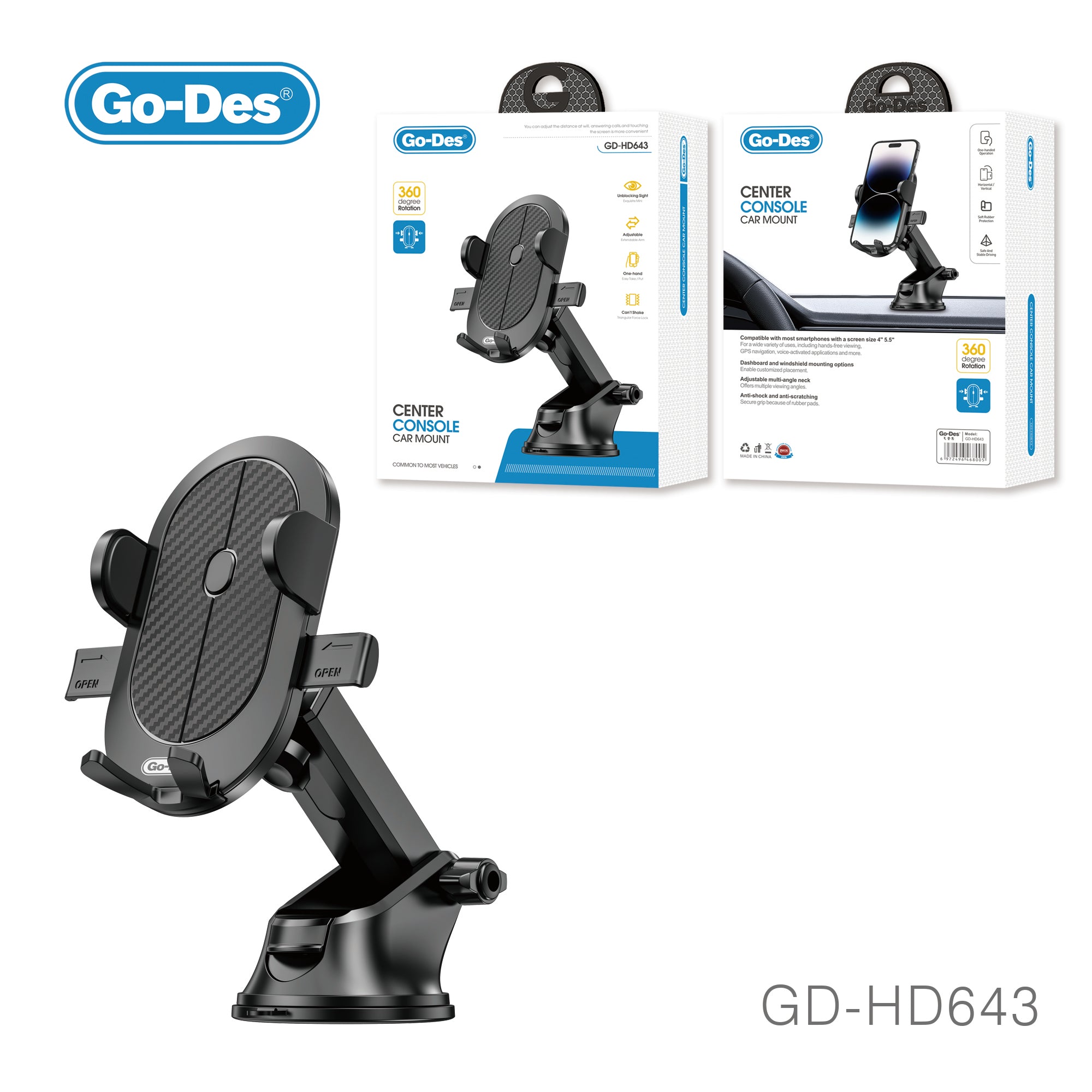 Go-Des Suction Cup Car Mount 360° Rotating Center Console Phone