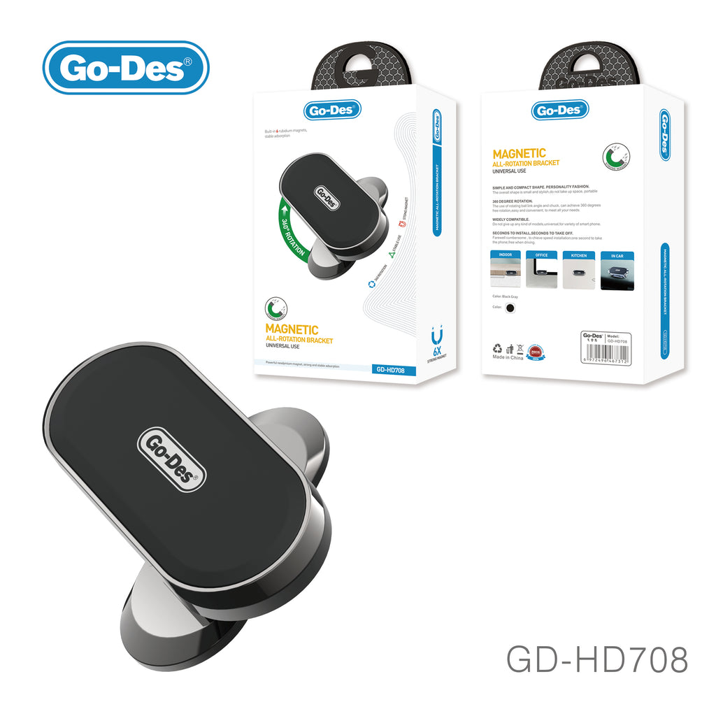 Go-Des Magnetic Phone Tablet Holder 360° Rotating Aluminum Alloy Stand Universal Mount for Car Home Office