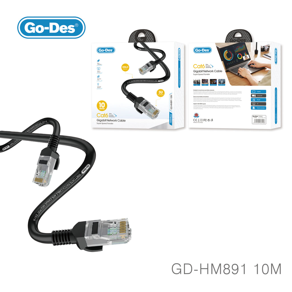 Go-Des Gigabit Ethernet Cable CAT6 RJ45 Network Cable 3U Gold Plated 1000Mbps OD6.0 Ultra Durable PVC