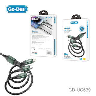 Go-Des كابل شحن سريع متعدد الأنواع USB Type-C وLightning وMicro USB بطول 1.2m ملفوف بنيلون، شحن سريع ونقل بيانات لأجهزة Android/iOS