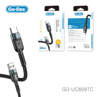 كابل شحن Go-Des ملفوف بنيلون بتغطية ألومنيوم، كابل USB لشحن سريع ونقل بيانات لهواتف محمولة، Type-C وMicro وiPhone