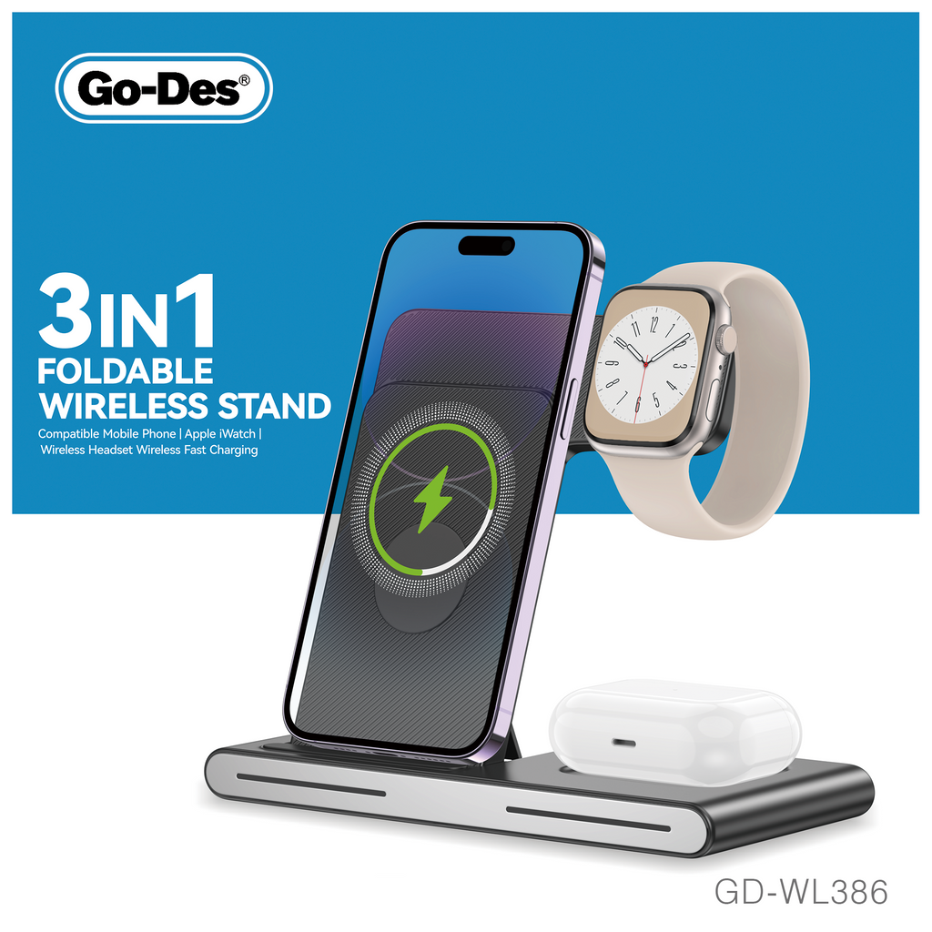 Go-Des 3in1 Foldable Wireless Charging Stand 15W Fast Charging Dock for Phone Watch Headphones with Light Switch and Safety Protection