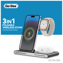 Cargar imagen en el visor de la galería, Go-Des 3in1 Foldable Wireless Charging Stand 15W Fast Charging Dock for Phone Watch Headphones with Light Switch and Safety Protection