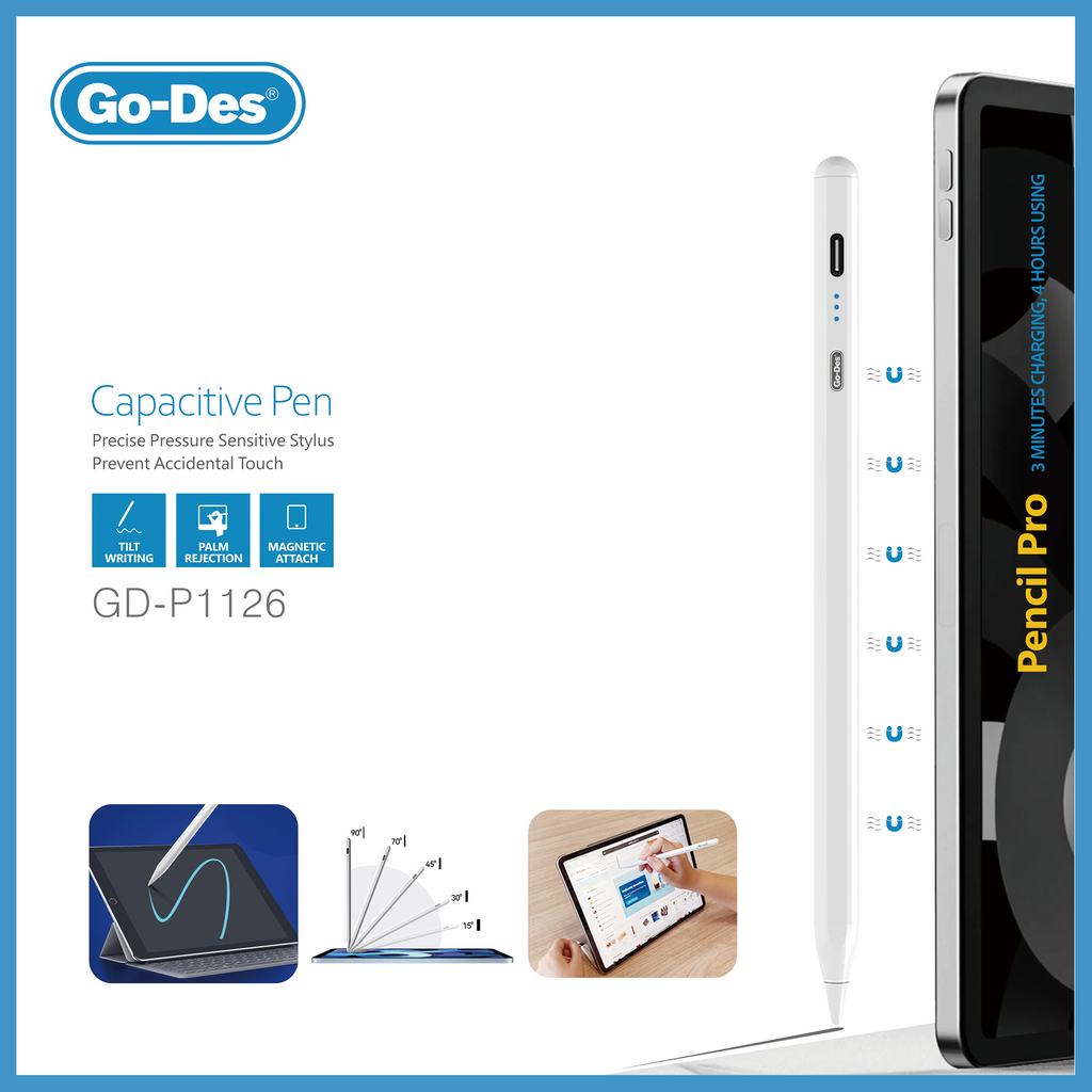 Go-Des Capacitive Pen Pressure Sensitive Stylus with Tilt Writing Palm Rejection Magnetic Attachment USB-C Charging