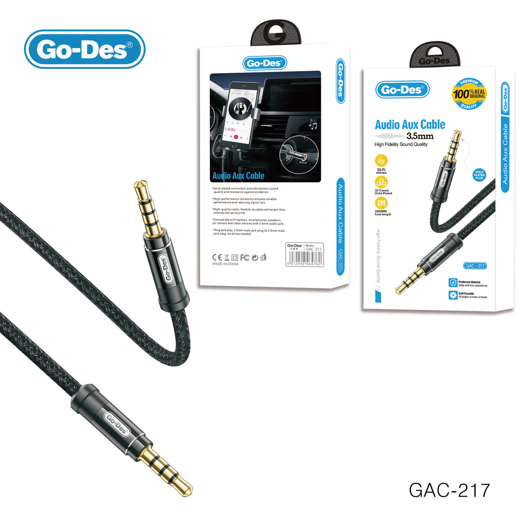 Go-Des 3.5mm Male to Male HiFi Gold-Plated Aux Audio Cable Nylon Braided 2M for Car Speaker Headphone Laptop