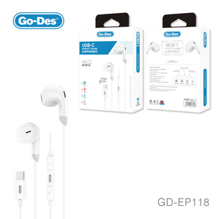 Go-Des USB-C Stereo Earphone In-Ear Wired Headphones with Microphone Noise Reduction and Wire Control for Smartphones and Other Devices