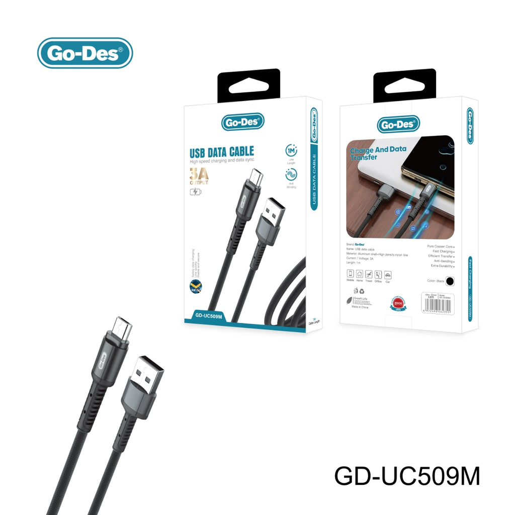 Go-Des USB Fast Charging Cable Aluminum Alloy Nylon Braided Type-C Micro Lightning to USB-A USB-C
