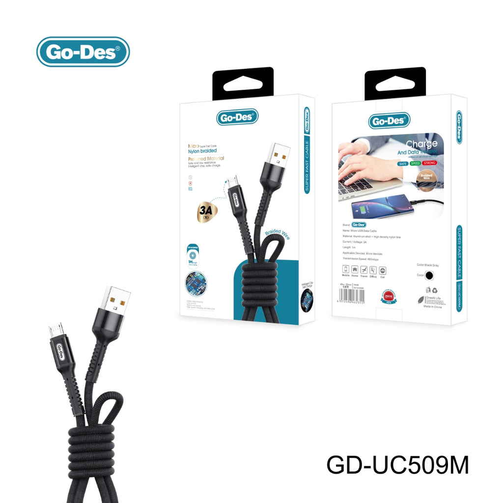 Go-Des USB Fast Charging Cable Aluminum Alloy Nylon Braided Type-C Micro Lightning to USB-A USB-C