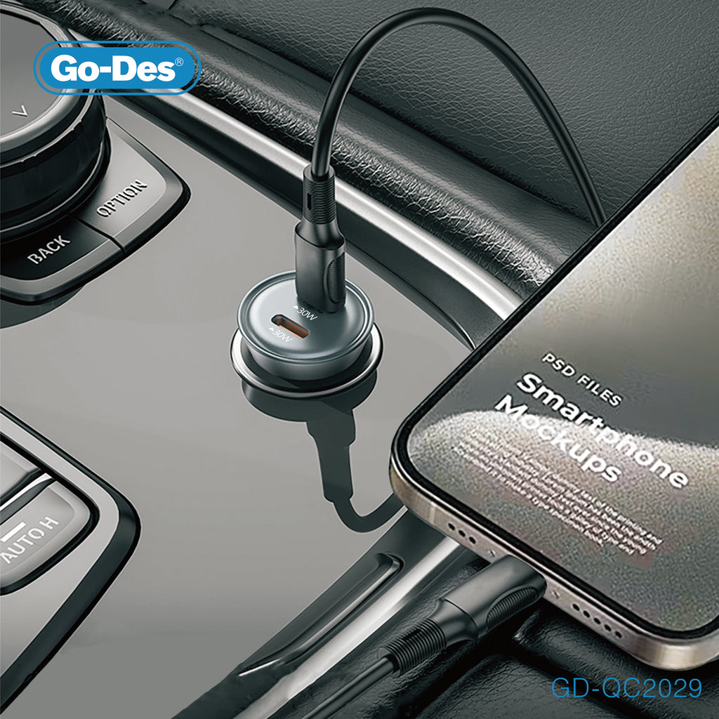Go-Des Dual USB-C 60W Fast Car Charger Metal Adapter with Smart Power Distribution and Transparent Shell