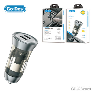 Go-Des Dual USB-C 60W Fast Car Charger Metal Adapter with Smart Power Distribution and Transparent Shell