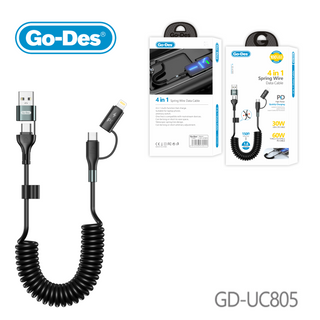 Go-Des 4in1 Spring Wire Data Cable 30W/60W Adjustable Fast Charging Cable with CarPlay Support and Telescopic Design