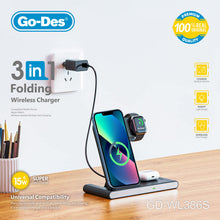 Cargar imagen en el visor de la galería, Go-Des 3in1 Foldable Wireless Charging Stand 15W Fast Charging Dock for Phone Watch Headphones with Light Switch and Safety Protection