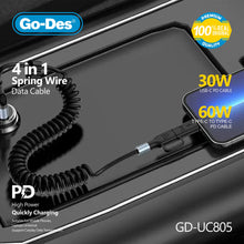 Загрузить изображение в программу просмотра галереи, Go-Des 4in1 Spring Wire Data Cable 30W/60W Adjustable Fast Charging Cable with CarPlay Support and Telescopic Design