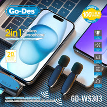 Load image into Gallery viewer, Go-Des 2in1 Wireless Microphone Dual Lavalier System for iPhone Type-C Devices Plug and Play with Intelligent Noise Reduction