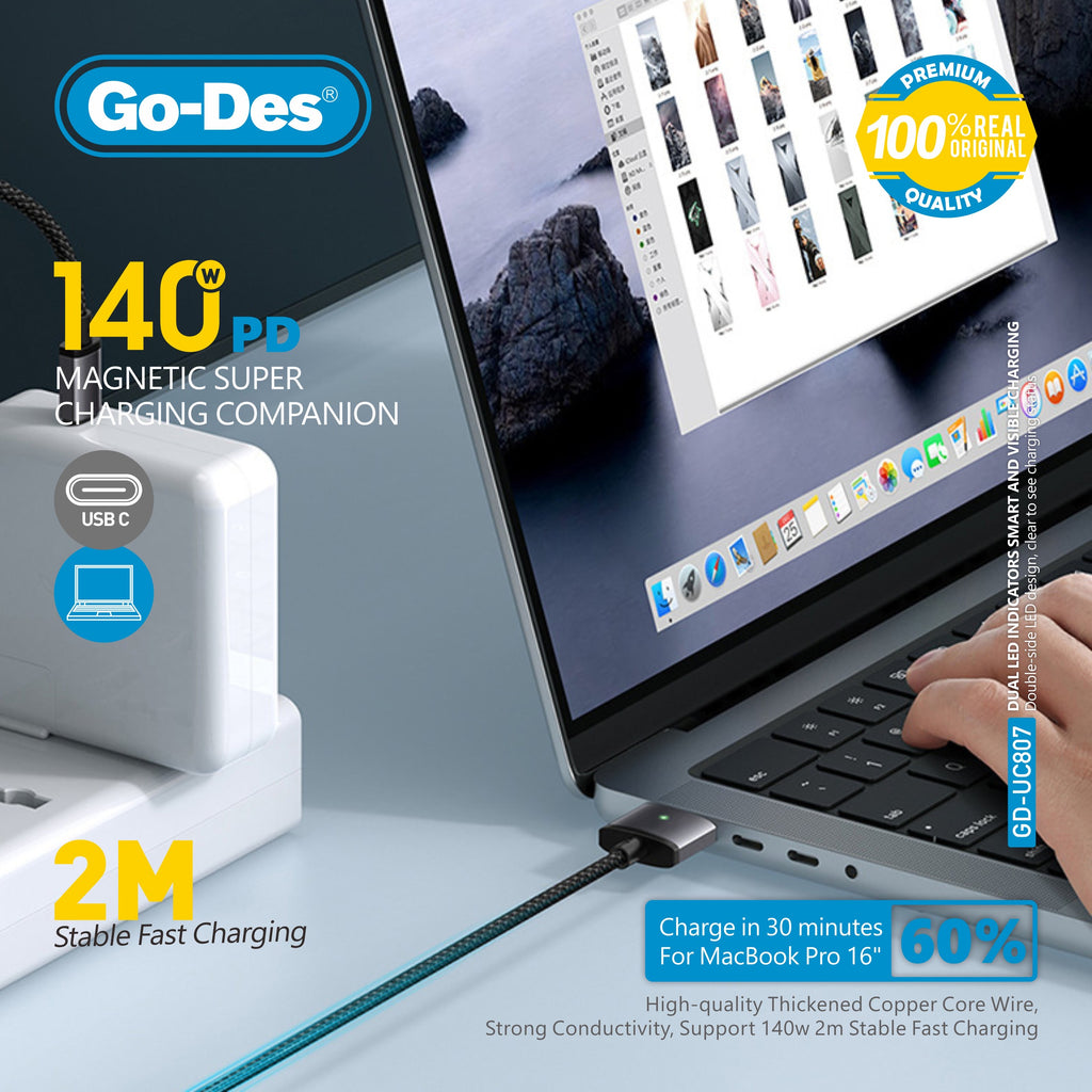Go-Des PD 140W Super Charging Companion 2m Magnetic USB Cable for MacBook Air Pro Nylon Braided with LED Indicators