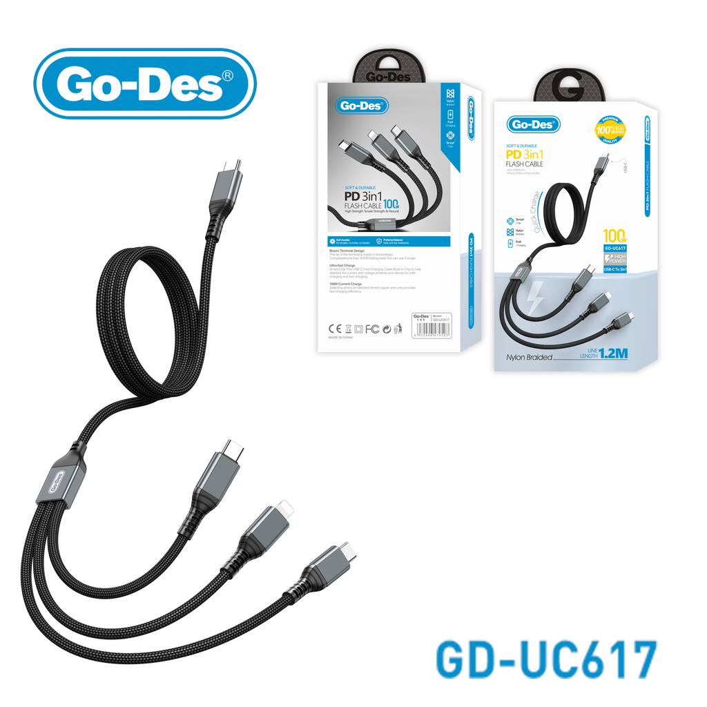 Go-Des PD 3-in-1 Flash Cable 100W Fast Charging Nylon Braided 1.2M for USB-C and iPhone Devices