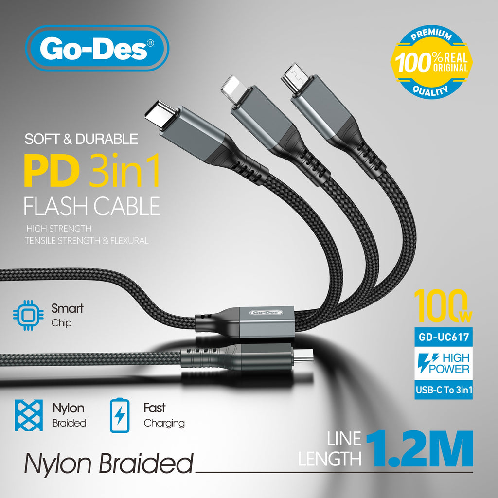 Go-Des PD 3-in-1 Flash Cable 100W Fast Charging Nylon Braided 1.2M for USB-C and iPhone Devices