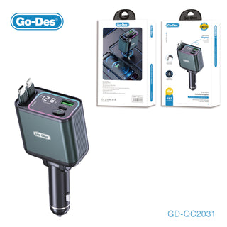 Go-Des 4-in-1 Car Adapter 65W High Power Dual Output with Voltage Display and Telescopic Cables for Multiple Devices