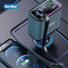 تحميل الصورة في عارض المعرض ، Go-Des 4-in-1 Car Adapter 65W High Power Dual Output with Voltage Display and Telescopic Cables for Multiple Devices