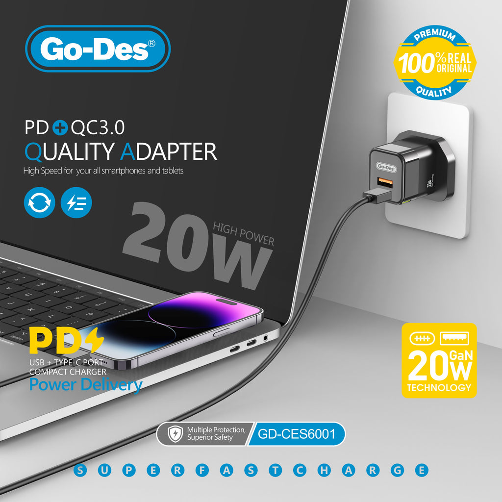Go-Des 20W 3 Pin Dual Port PD QC Fast Charger LED Display Compact USB A and Type C Adapter