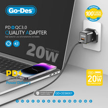 Загрузить изображение в программу просмотра галереи, Go-Des 20W 3 Pin Dual Port PD QC Fast Charger LED Display Compact USB A and Type C Adapter