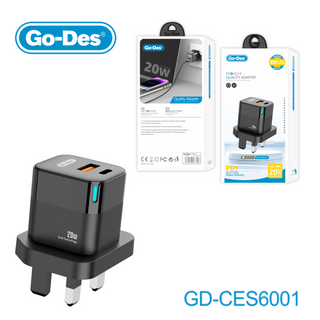Go-Des 20W 3 Pin Dual Port PD QC Fast Charger LED Display Compact USB A and Type C Adapter