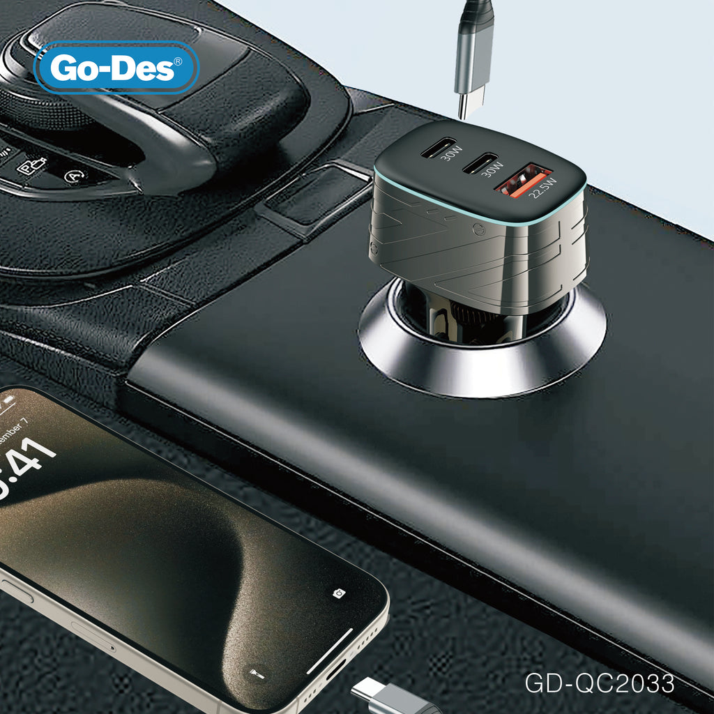 Go-Des 82.5W Triple Port Car Charger Dual Type-C PD + USB-A Fast Charging Adapter with Smart Chip and LED Indicator for 12V/24V Vehicles