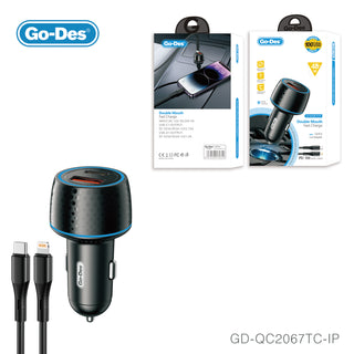 GoDes شاحن سيارة سريع 48W بمنفذيْن USB‑C وUSB‑A يدعم PD وQC3.0 مع حماية ذكية وكابل PD بطول 1 متر لأجهزة iPhone وType‑C