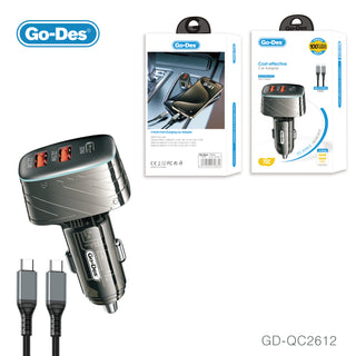 Go-Des شاحن سيارة 2في1 PD بثلاث منافذ 75W شحن سريع مزدوج PD 30W Type-C و USB 22.5W مع كابل Type-C إلى Type-C