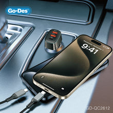 Load image into Gallery viewer, Go-Des 2in1 PD Car Charger 3-Port 75W Fast Charging Dual PD 30W Type-C and 22.5W USB with Type-C to Type-C Cable