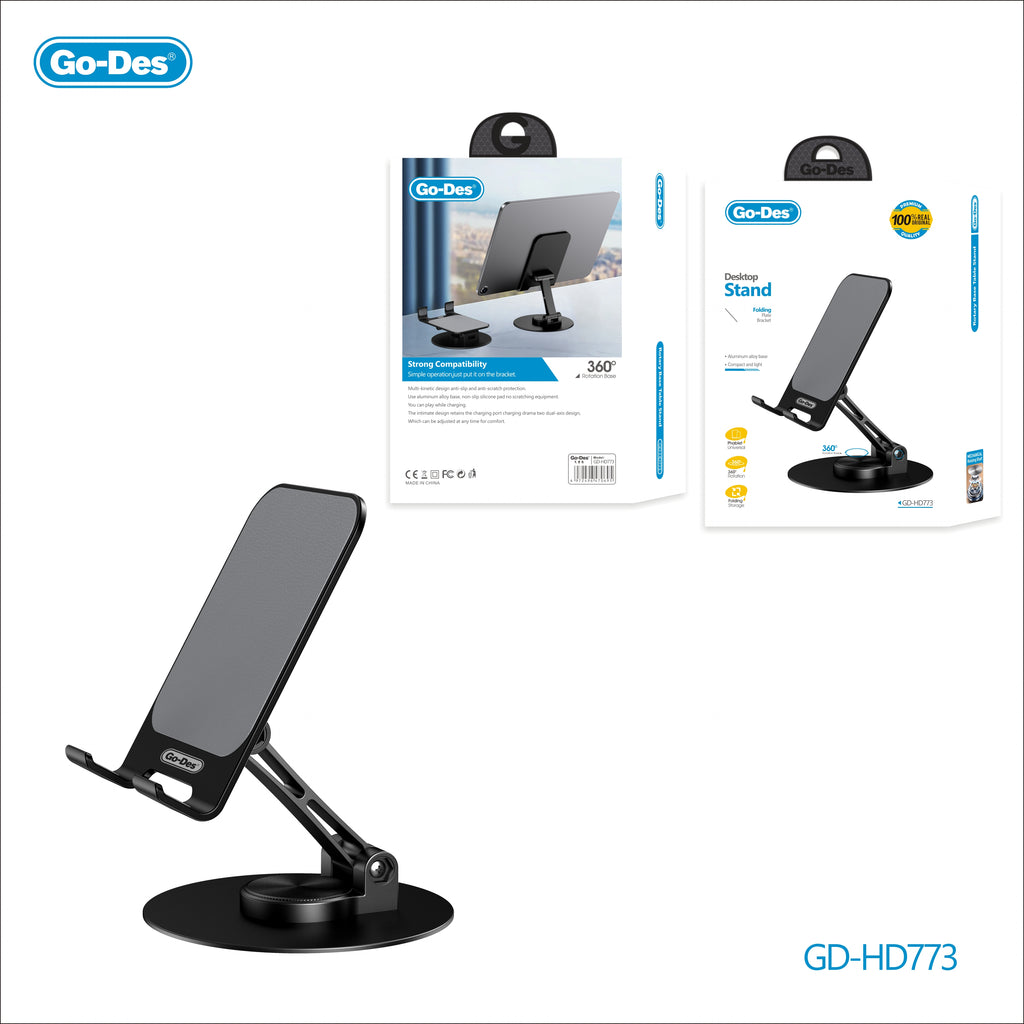 Go-Des 360° Rotary Metal Base Table Stand Foldable Phone Tablet Mount with Anti-Slip Anti-Scratch Pad Protection