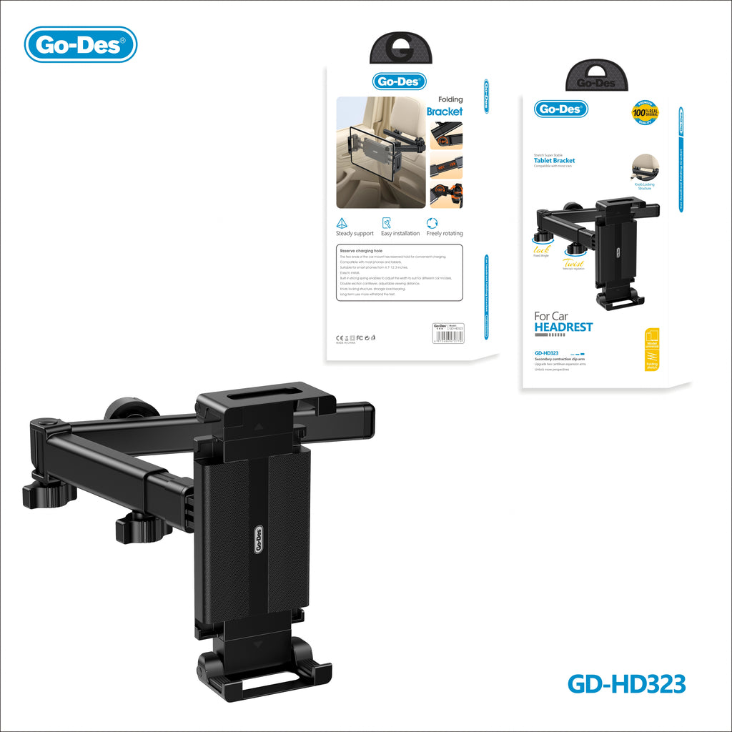 Go-Des Car Headrest Folding Bracket Adjustable Tablet Phone Mount Universal Compatibility with Reserved Charging Hole