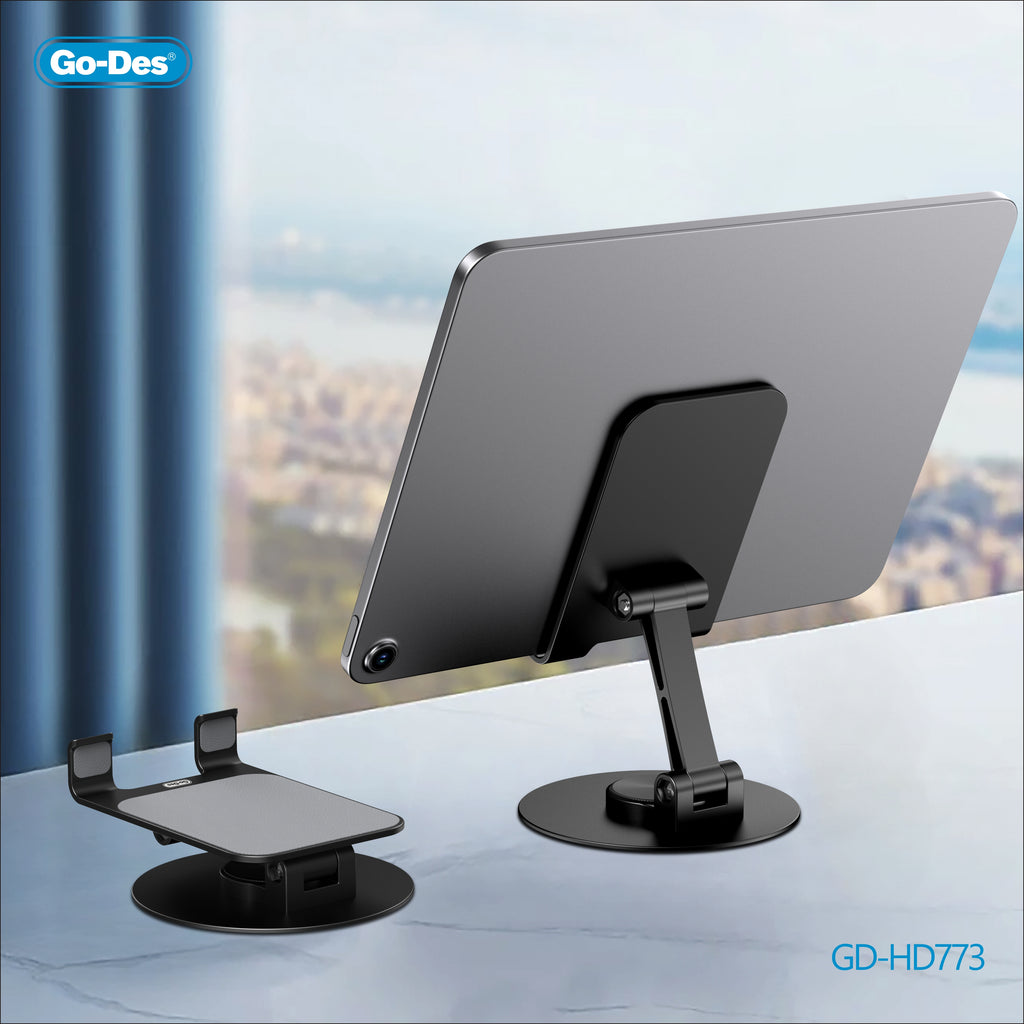 Go-Des 360° Rotary Metal Base Table Stand Foldable Phone Tablet Mount with Anti-Slip Anti-Scratch Pad Protection