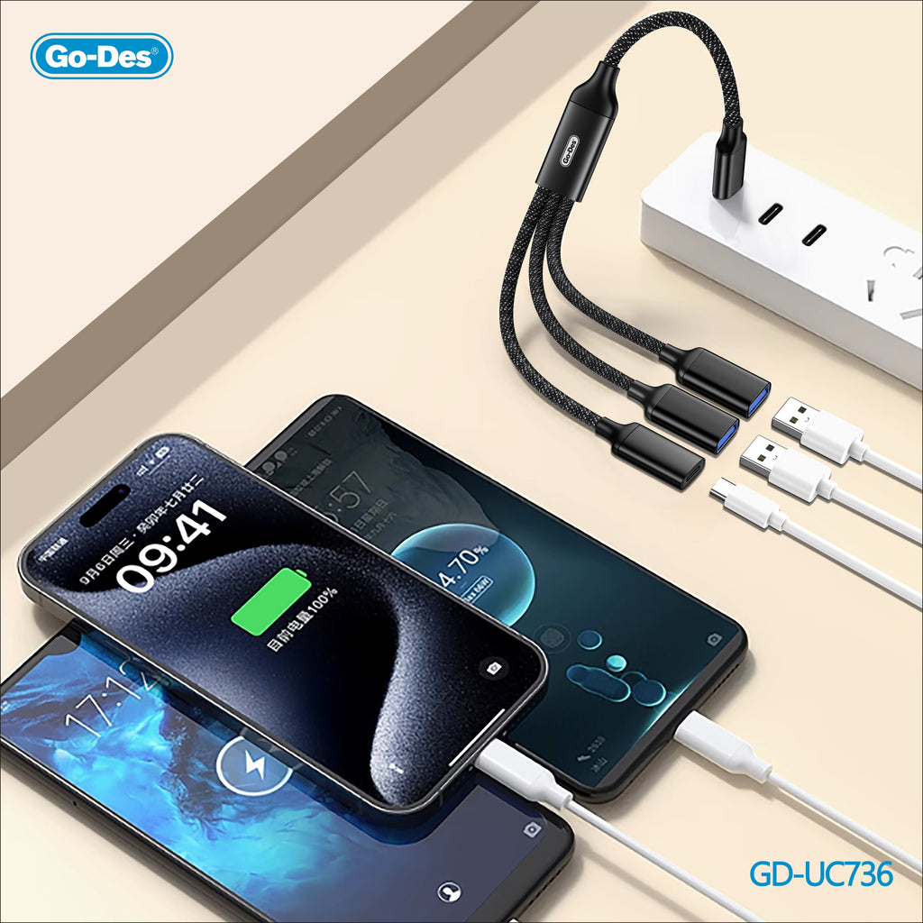 Go-Des Type-C Multiport Adapter OTG Hub USB Splitter Nylon Braided for Charging and Data Transmission
