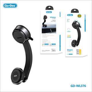 شاحن لاسلكي مغناطيسي Go-Des بقوة 15W حامل دوّار 360° للوحة القيادة مع قاعدة شفط بمفتاح ذاكرة ومعدن