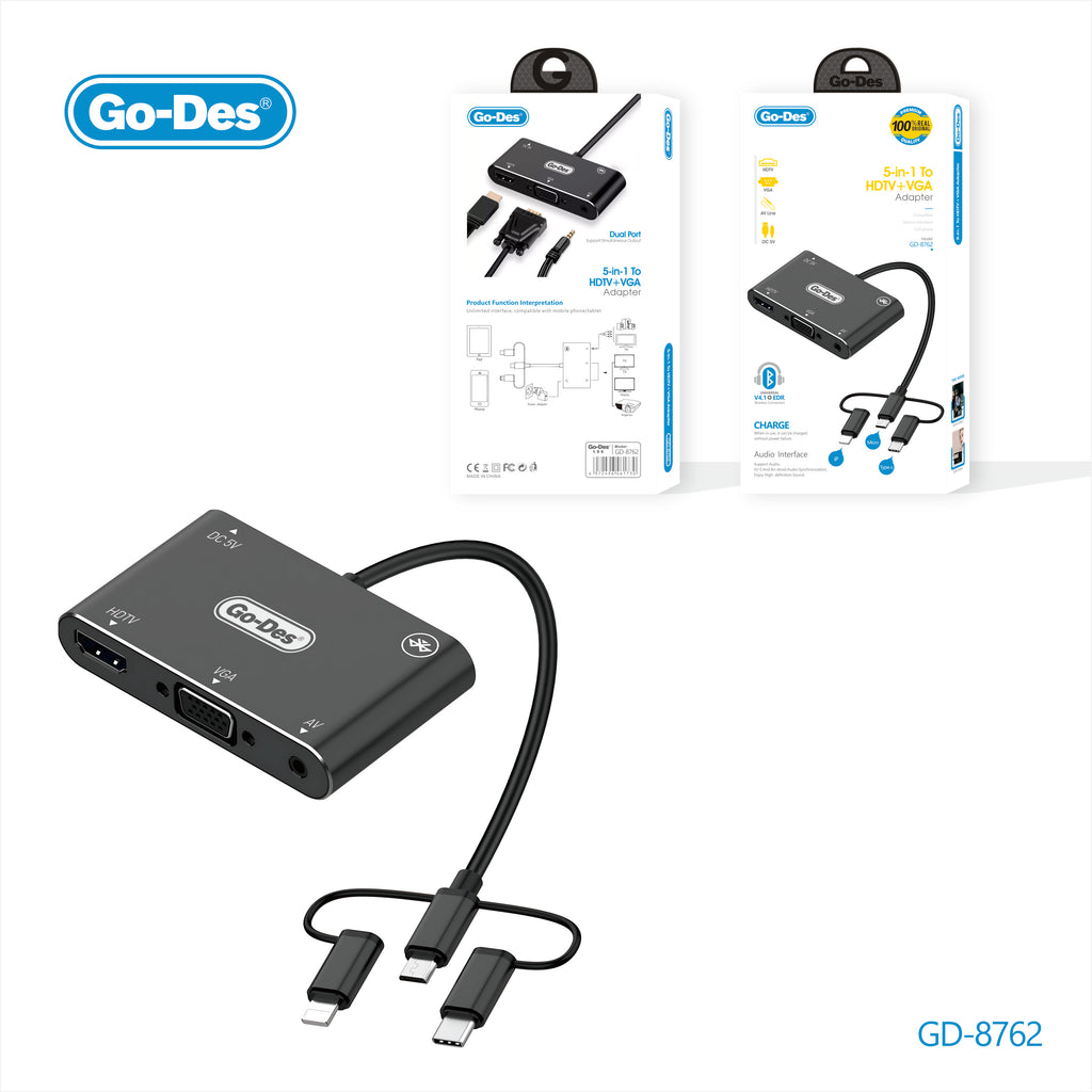 Go-Des 5-in-1 Mobile HD Screen Player USB-C Lightning Micro USB to HDTV VGA AV Adapter with Wireless Bluetooth Connection and 2K Ultra HD Output