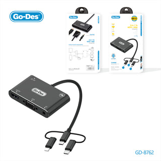Go-Des 5-in-1 Mobile HD Screen Player USB-C Lightning Micro USB to HDTV VGA AV Adapter with Wireless Bluetooth Connection and 2K Ultra HD Output