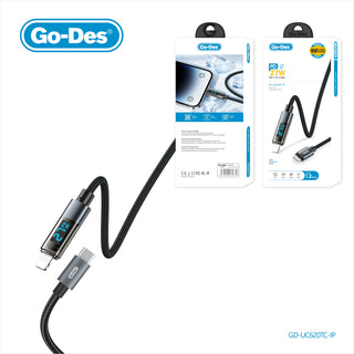 كابل شحن سريع Go-Des 1.2M بموصل بيونيك، شاشة رقمية LED، غشاء نايلون مضفور، حتى 100W