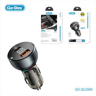 Go-Des شاحن سيارة بقوة 48W بمنفذين Type-C PD 30W + USB QC3.0 18W، شاحن سريع مع شاشة LED وضوء محيطي نابض