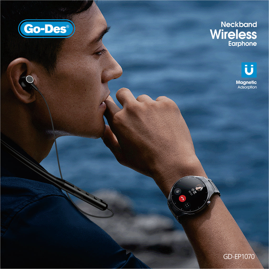 Go-Des Neckband Bluetooth Earphones 50H Long Play Wireless Sports Headphones with Memory Collar and Waterproof Design