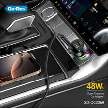Load image into Gallery viewer, Go-Des 48W Dual Port Car Charger Type-C PD 30W + USB QC3.0 18W Fast Charging Adapter with LED Display and Ambient Breathing Light