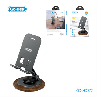 Go-Des Foldable Dual-Axis Desktop Stand 360° Adjustable Tablet Phone Holder with Aluminum Base and Charging Access