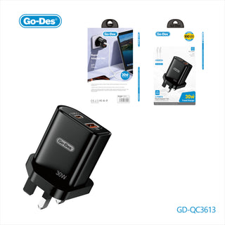 Go-Des PD 30W Fast Travel Charger Dual Port USB-C + USB-A Power Adapter with Safety Protections